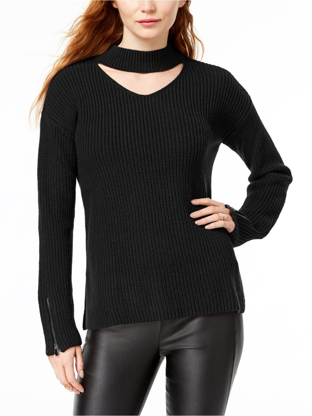 Bar III Women XS Black Wool Blend Knit Zip-Cuff Choker Neck Sweater NWT